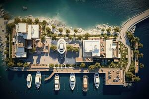 ai generato aereo Visualizza di yacht club su il mare. 3d rendering, aereo Visualizza di il vecchio cittadina, vacanza e avventura, cittadina e mare, ai generato foto