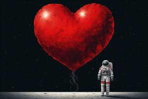 ai generato astronauta nel esterno spazio Tenere grande rosso cuore sagomato Palloncino, un astronauta su il Luna Tenere un' grande rosso cuore per San Valentino giorno, ai generato foto