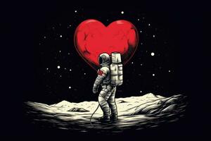 ai generato astronauta Tenere un' cuore nel il suo mano. vettore illustrazione, un astronauta su il Luna Tenere un' grande rosso cuore per San Valentino giorno, ai generato foto