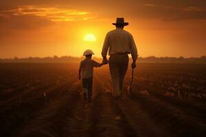 ai generato silhouette di contadino e il suo figlio a piedi su il campo a tramonto, agricoltura contento padre contadino trasporta figlio bambino, ai generato foto