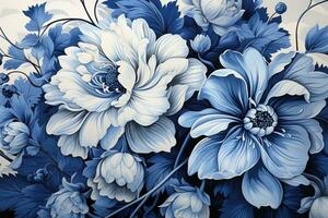 ai generato un' bellissimo digitale illustrazione di un' mazzo di colorato fiori con un' buio blu sfondo. il fiori siamo disposte nel un' modo quello crea un' senso di profondità e dimensionalità. foto