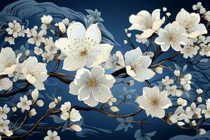 ai generato sbalorditivo artistico fotografia di un' delicato bianca fiore con scintillante acqua goccioline, catturato contro un' vivace blu sfondo. il intricato dettagli di il fiori petali foto