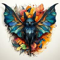 ai generato digitale arte di un' pipistrello con farfalla Ali e le foglie su un' bianca sfondo. il pipistrello è un' notturno mammifero con Ali fatto di pelle teso fra suo allungata dita foto