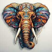 ai generato carino cartone animato illustrazione di un' colorato elefante testa con un' corona e fiori su un' bianca sfondo. il elefante ha grande blu occhi, un' lungo tronco, e grande orecchie. foto