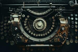 ai generato Vintage ▾ macchina da scrivere avvicinamento, retrò stile, tonica, Vintage ▾ macchina da scrivere intestazione con vecchio carta. retrò macchina tecnologia - superiore Visualizza, ai generato foto