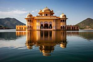 ai generato il ambra forte nel Jaipur, Rajasthan, India, acqua palazzo jala mahal, uomo saggio lago, Jaipur, Rajasthan, India, Asia, ai generato foto