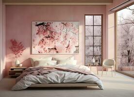 ai generato affascinante rosa Camera da letto con un' pittura di un' ciliegia fiorire albero su il parete. il bianca mobilia e legno duro pavimento complemento il rosa muri e creare un' luminosa e arioso atmosfera. foto