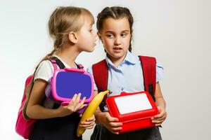 Due giovane ragazze sussurrando e condivisione un' segreto durante classe nel scuola foto