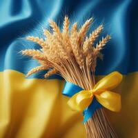 ai generato il bellezza di un' ucraino bandiera agitando al di sopra di un' pittoresco città foto