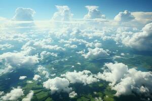 ai generato elevato prospettiva cattura tutti e due il paesaggio urbano e il i campi sotto. aereo osservazione penetrante attraverso il nube strato. foto