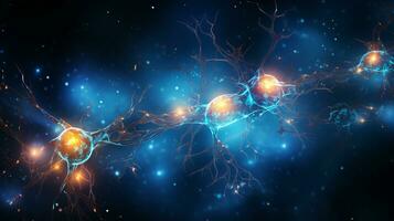 ai generato struttura di umano cervello cellule, neuroni raggiante foto