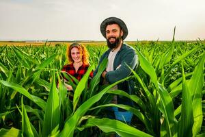 famiglia agricolo occupazione. uomo e donna siamo coltivando Mais. essi siamo soddisfatto con bene progresso di impianti. foto