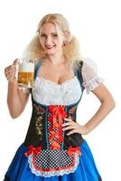 bellissimo giovane biondo ragazza di oktoberfest birra stein foto