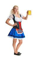 bellissimo giovane biondo ragazza di oktoberfest birra stein foto