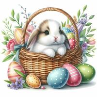 ai generato carino coniglietto nel Pasqua cestino con uova e fiori. digitale acquerello illustrazione foto