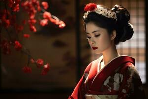 ai generato vestito geisha Giappone moda kyoto asiatico Abiti giapponese giovane rosso Asia signora femmina foto