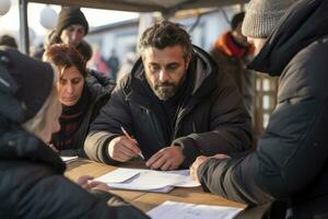 ai generato tavolo incontro opera donne adulto attività commerciale contento discussione lavoro di squadra caucasico maschio lavoro foto