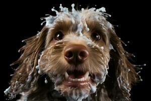 ai generato cane razza domestico bagno animale adorabile bagnato carino spruzzo pulito cucciolo shampoo animale domestico capelli foto