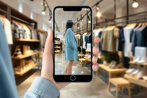 ai generato inteligente Tenere shopping femmina attività commerciale tecnologia Telefono consumatore in linea acquistare memorizzare foto