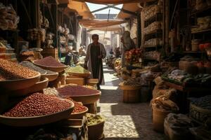 ai generato turismo colorato cibo stalla città fresco cultura negozio frutta viaggio drogheria mercato memorizzare foto