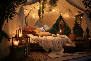 ai generato bianca tenda mobilia letto casa notte design nessuno interno Camera da letto camera bellissimo foto