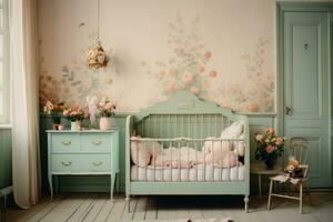 ai generato arredamento camera elegante design neonato bambini ragazzo piatto interno cuscino Casa appartamento foto
