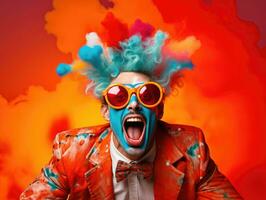 ai generato espressione uomo persona costume rosso pazzo viso clown caucasico divertente celebrazione maschio parrucca foto