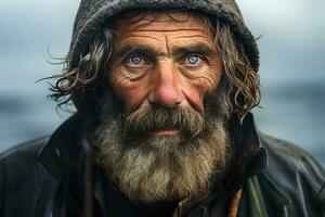 ai generato bianca uomo vita adulto all'aperto Affamato povero senza casa barba vecchio senzatetto sporco viso foto