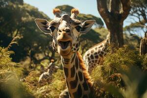 ai generato Africa selvaggio parco viso safari testa natura erbivoro mammifero modello giraffa ritratto foto