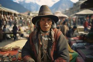 ai generato cappello uomo vecchio viso persona tradizione testa all'aperto Asia viaggio villaggio turismo Nepal foto