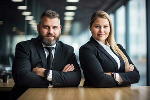 ai generato successo uomo d'affari completo da uomo Lavorando ufficio adulto squadra caucasico donna d'affari collega foto