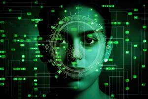 ai generato biometrico donna umano facciale scienza iris persona Tech informatica futuro informazione foto