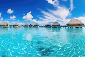 ai generato vacanza blu mare paesaggio isola Hotel tropicale oceano Maldive ricorrere spiaggia sabbia foto