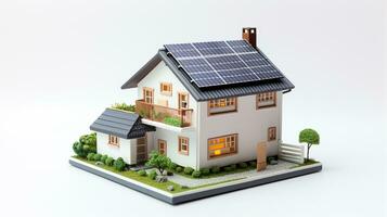 ai generato miniatura Casa modello con solare pannello su tetto su bianca sfondo. inteligente casa energia Salvataggio concetto foto