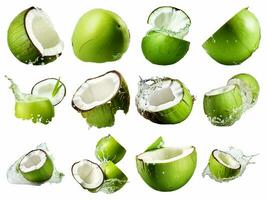 ai generato Noce di cocco acqua spruzzi su di un' fresco verde Noce di cocco collezione isolato su bianca sfondo. foto