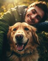 ai generato animale cane donna parco natura amore carino al di fuori Sorridi contento giovane persona amicizia foto