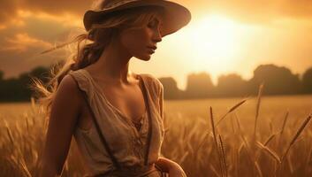 ai generato ritratto donna persona capelli all'aperto bellezza campo estate bella soleggiato modello stile di vita foto