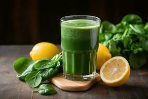 ai generato disintossicazione crudo vitamina verdura salutare biologico bicchiere succo vegetariano dieta verde tavolo foto