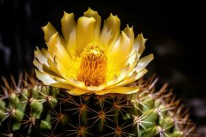 ai generato primavera giallo verde floreale bellezza macro natura succulento fiorire spina cactus fiore foto