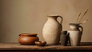 ai generato collezione argilla oggetto vasellame Marrone ceramica arte ceramica vaso Vintage ▾ decorativo pentola foto