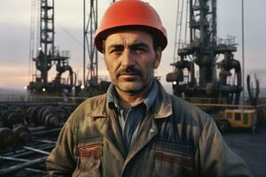 ai generato elmetto protettivo Lavorando edificio olio ingegnere sicurezza costruzione gas manager uomini ritratto foto