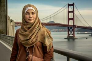 ai generato bella arabo stile di vita ritratto adulto sciarpa giovane Islam hijab musulmano bellezza Sorridi femmina foto