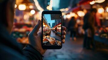 ai generato turista donna utilizzando bokeh all'aperto città femmina giovane tecnologia mobile Telefono Tenere foto