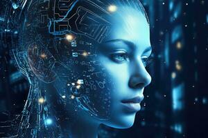 ai generato ai donna innovazione femmina scienza robot futuro Tech tecnologia concetto umano persona foto