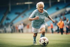 ai generato pensionato donna sport femmina bellissimo anziano età anziano maturo signora bianca Salute foto