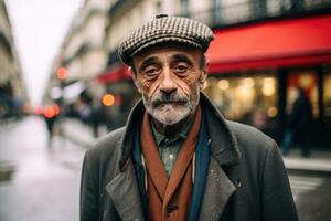 ai generato Asia uomini adulto barba strada maschio anziano anziano avvicinamento viso vecchio persona all'aperto foto