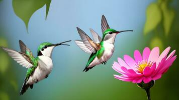 ai generato incantevole eleganza, un' quello del colibrì danza con nettare nel il fioritura giardino foto