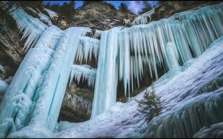 ai generato cristallo cascate, maestoso congelato cascata nel un' inverno Paese delle meraviglie foto