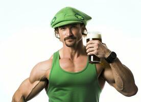 ai generato Saluti per st. Patrick giorno uomo con birra e festivo cappello su bianca sfondo foto