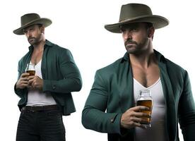 ai generato Saluti per st. Patrick giorno uomo con birra e festivo cappello su bianca sfondo foto